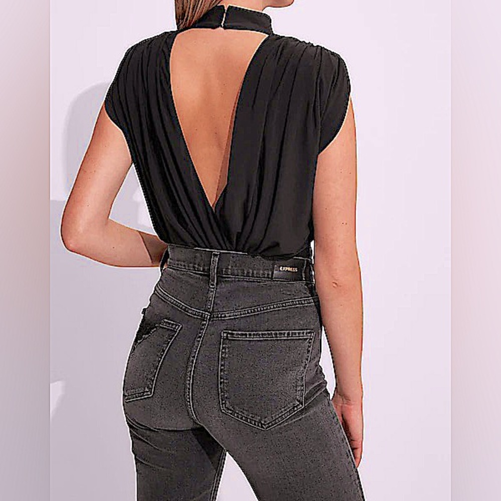Draped Mock Neck Open Back Thong Bodysuit Express